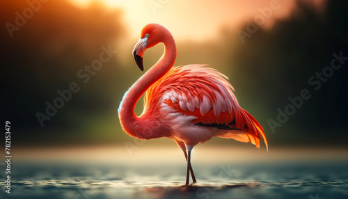 A single flamingo standing in water  showcasing its vibrant pink and orange plumage and its distinctively curved neck in profile