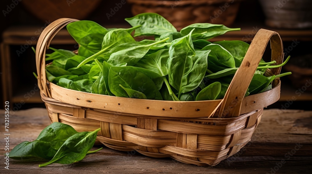 Fresh baby spinach leaves in rustic wooden trug Fresh baby spinach leaves in rustic wooden trug