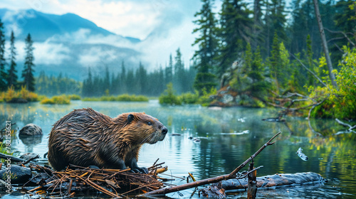 A beaver sitting on a dam on a tranquil river in a mountain landscape © Flowal93