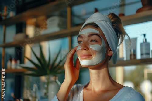 giovane donna applica maschera viso durante skincare routine photo