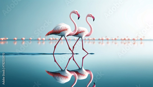 Two flamingos walking side by side in shallow water. Their pink and white plumage stands out against the calm blue background
