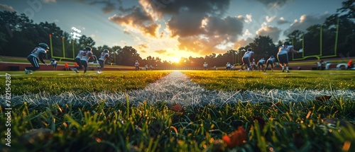 Sunset Kickoff: A Football Team's New Dawn on Textured Turf. Concept Sports Team, Football, Sunset, Textured Turf, New Beginnings photo