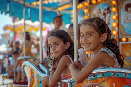 Happy children enjoying a carousel ride at a colorful carnival in the park on a sunny day