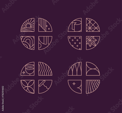 Wine art deco chevrons drawing in linear style on violet background