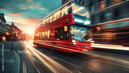 Red double decker bus in motion photo