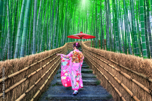 Bamboo Forest. Asian woman wearing japanese traditional kimono at Bamboo Forest in Kyoto, Japan. © tawatchai1990