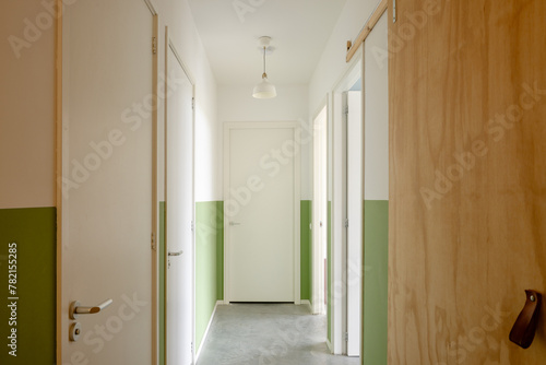 Interior of a modern home in The Netherlands. Hallway with green painted areaÕs.