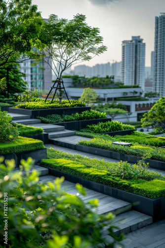 Urban Oasis: Lush Green Rooftop Garden Amid City Skyline