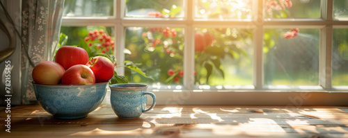 Cozy Morning Sunlight with Fresh Apples and a Cup of Tea on Window Sill