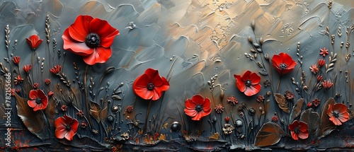 A modern painting, abstract, with metal elements, textured background, flowers, and plants.