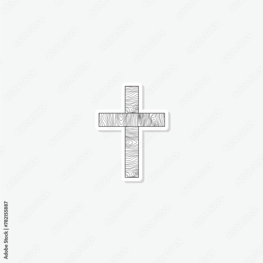 Obraz premium Christian wood cross icon sticker isolated on gray background