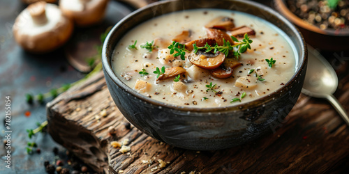 Rustic Mushroom Soup in Wooden Bowl with Fresh Herbs