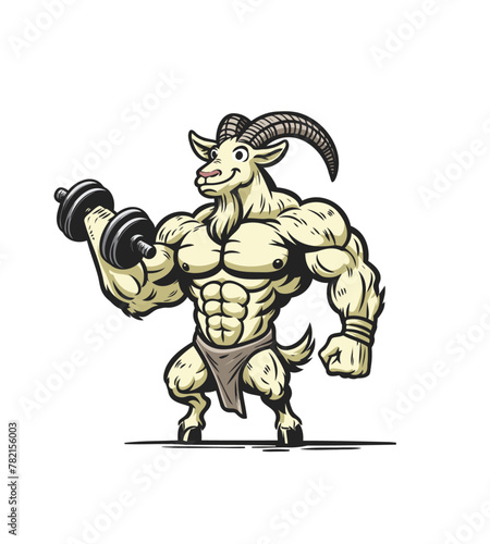 Shredded goat bodybuilder flexing muscles sports logo mascot	
