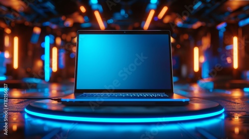 An empty touch screen laptop on a futuristic podium with neon lighting from the podiums and a blank blue screen on a black background. Modern illustration. photo