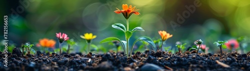 Simple image of a sprout growing among colorful flowers, representing new beginnings and peace, with space for text photo