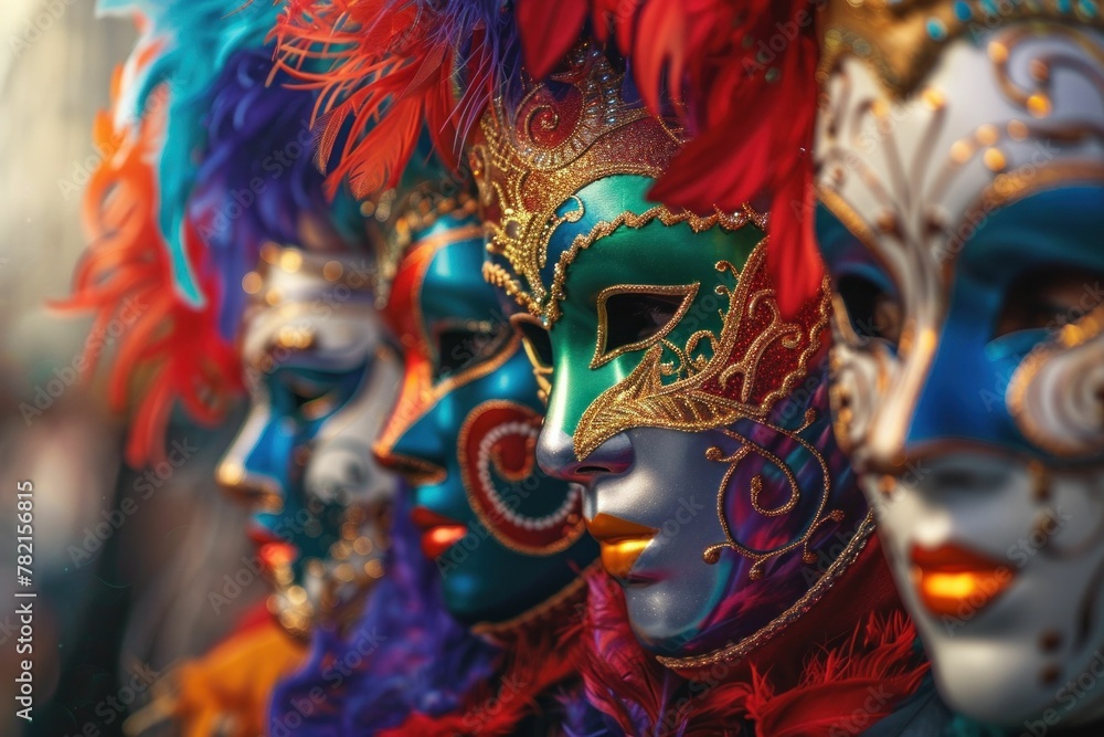 Fototapeta premium Colorful venetian masks with feathers on each side of the face in a row on display