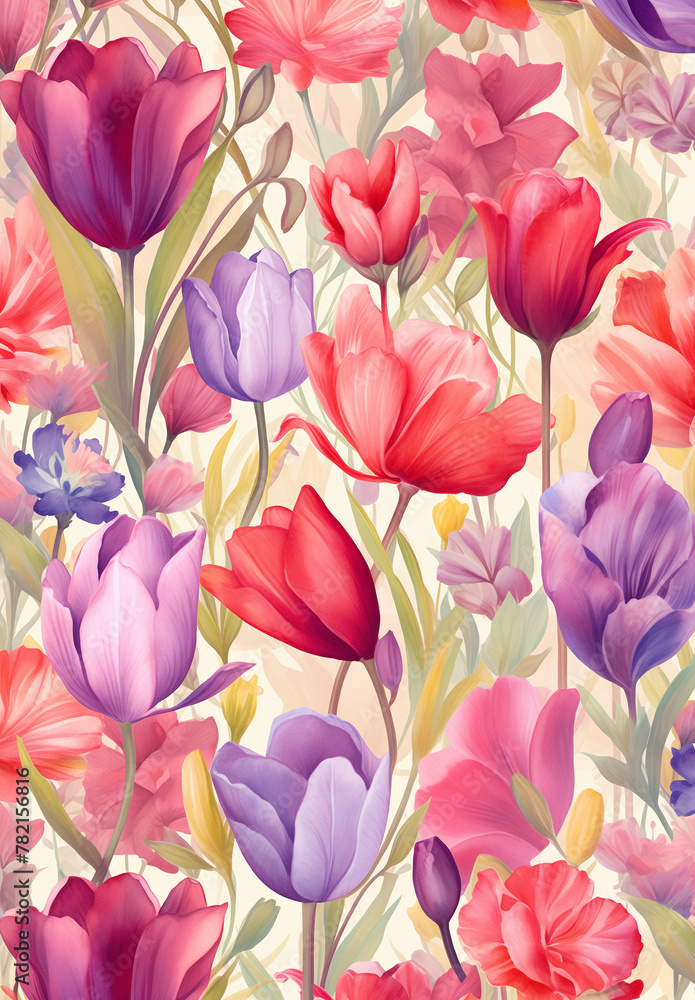 선명한 핑크, 보라, 빨간색 음영의 미니어처 수채화 스타일 튤립이 있는 예쁘고 봄 테마의 꽃 패턴 A pretty, spring-themed floral pattern with miniature, watercolor-style tulips in vibrant shades of pink, purple, and red
