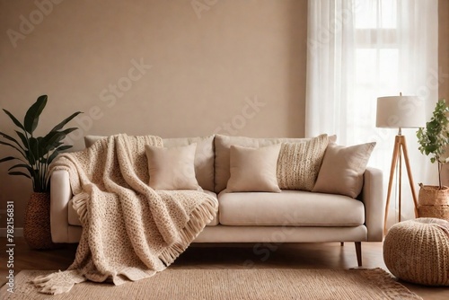 Cozy living room interior with beige sofa, knitted blanket, cushions, lamp, and beige wall with copy space.