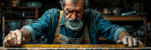 Elderly Craftsman Measuring Wood in Workshop © smth.design