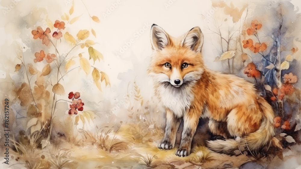 Obraz premium Watercolor fox portrait with fall foliage background. Wall art wallpaper