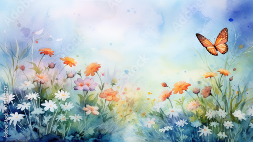 Watercolor meadow with butterflies and wildflowers. Wall art wallpaper © Photocreo Bednarek