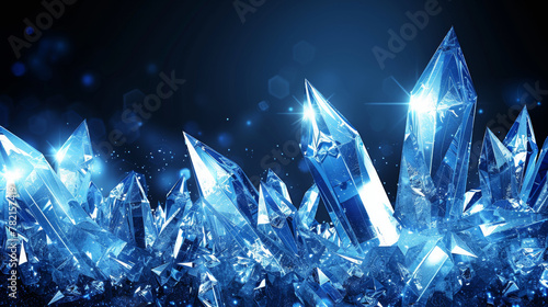 A blue crystal formation with a blue background. The crystals are cut into various shapes and sizes, and they are scattered throughout the image. Scene is serene and calming