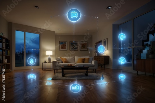 illustrate the concept of the Internet of Things with an image of a smart home, featuring various connected devices and appliances, shot from a low angle with a wide-angle lens to showcase the entire  photo
