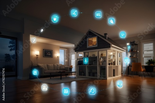 illustrate the concept of the Internet of Things with an image of a smart home, featuring various connected devices and appliances, shot from a low angle with a wide-angle lens to showcase the entire  photo
