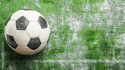 A soccer ball is sitting on a green field. The field is covered in grass and has a few patches of dirt. The ball is the main focus of the image, and it is in a relaxed and casual setting photo