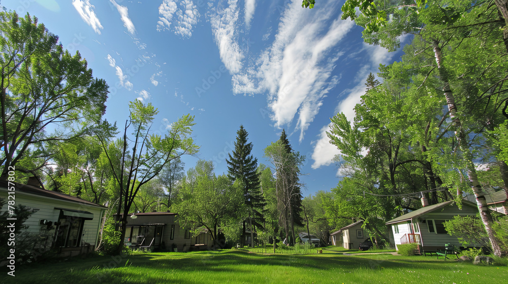 Naklejka premium A neighborhood with a green sky, where buildings and trees are 3D and vibrant.