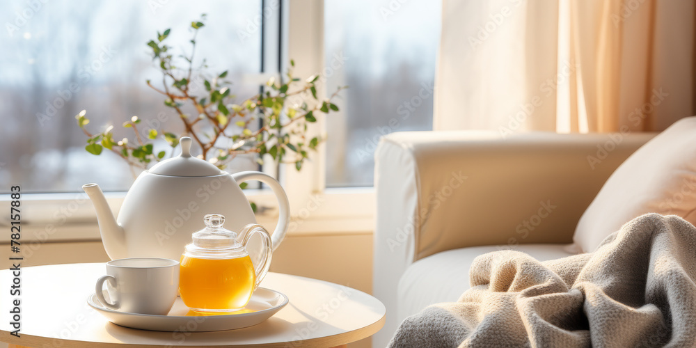 Cozy Winter Morning with Hot Tea and Serene Nature View Cozy Winter Morning with Hot Tea and Serene Nature View