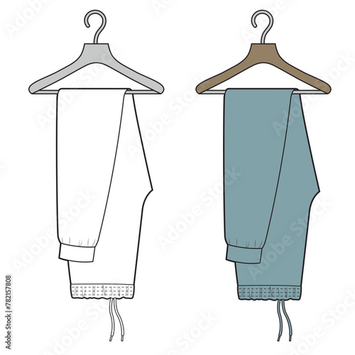 Sport pants on the hanger. dress vector icon.