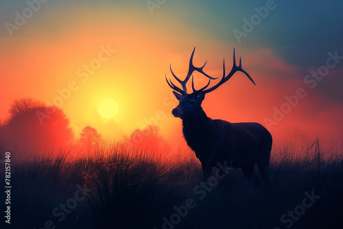 Portrait of a deer stag during rutting season in the forest at sunset. Landscape nature background