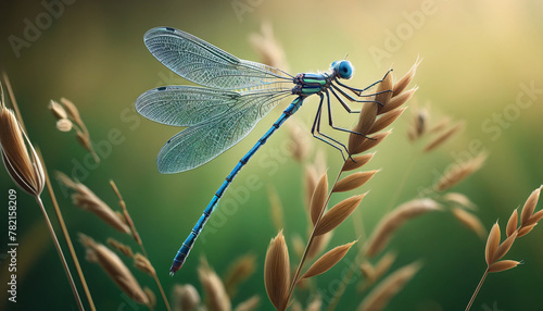 A dragonfly perched delicately on a grass blade. The dragonfly has detailed, intricate wing patterns and a slender