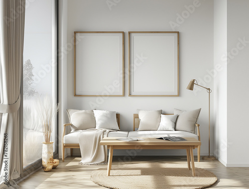 mock up poster frame in Simple beige interior  living room  Scandinavian style  3D render  3D illustration