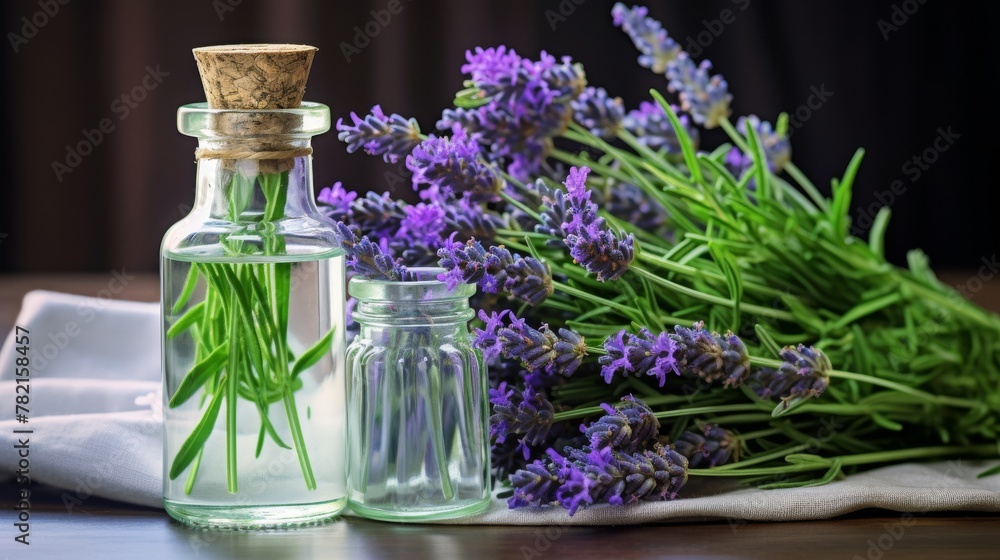 Glass vase adorned with aromatic lavender sprigs Glass vase adorned with aromatic lavender sprigs