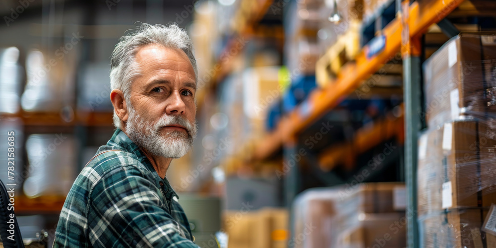 Mature Warehouse Worker Overseeing Inventory in a Large Distribution Center Mature Warehouse Worker Overseeing Inventory in a Large Distribution Center