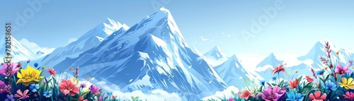 Cartoon of a snowy peak with vibrant flowers poking through, symbolizing the emergence of peace and beauty, with text space photo
