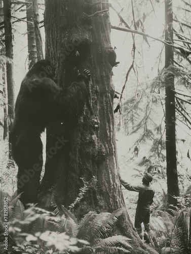 Old vintage aged mystery photograph of a park ranger standing with a giant bigfoot cryptid sasquatch creature in the forest