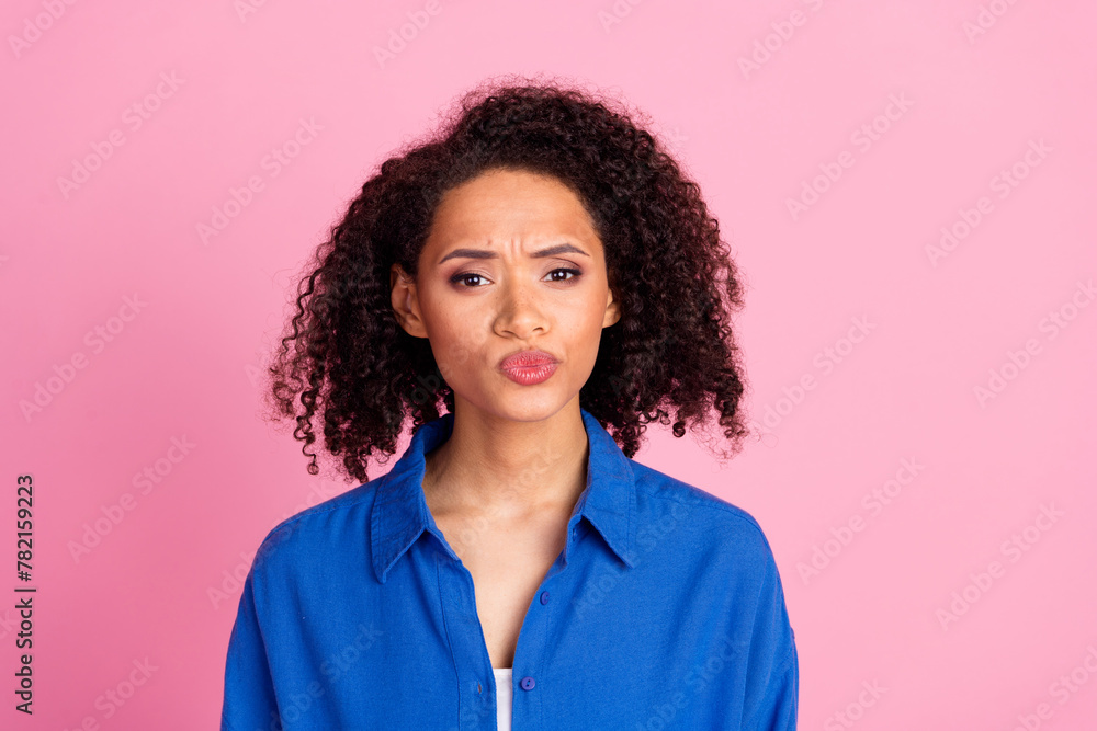 Photo of minded adorable smart woman wear blue stylish clothes ponder hmm dilemma isolated on pink color background Photo of minded adorable smart woman wear blue stylish clothes ponder hmm dilemma isolated on pink color background