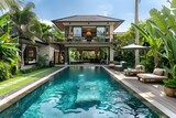 Tropical Poolside Elegance: A Serene Villa Retreat. Concept Poolside Photoshoot, Tropical Vibes, Elegant Outfits, Serene Backdrop, Villa Escape