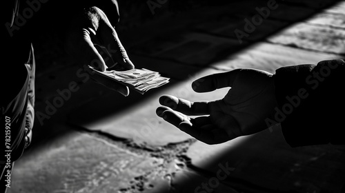 A close-up image capturing the moment a hand with visible banknotes extends towards another hand lurking in the darkness, symbolizing a secretive exchange in an act of bribery and corruption.
