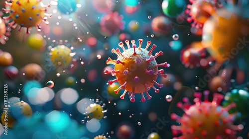 3D rendered image of brightly colored virus particles suspended in the air, with a bokeh effect emphasizing their microscopic nature. © Fostor
