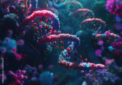 A 3D illustration of a DNA molecule with a sparkling structure set against a dark, bokeh-lit background, representing the building blocks of life.