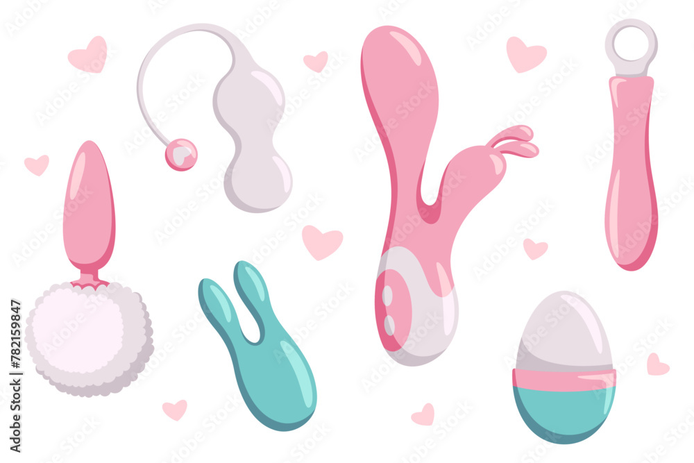 Collection of different sex toys for women and men. Cute cartoon vector objects.