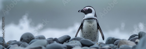 Magellanic Penguin Standing on Rocky Shoreline in Misty Weather