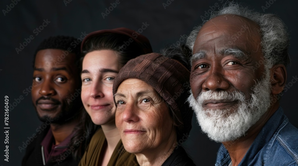 Diverse group of people smiling and posing for a portrait in front of a black background Diverse group of people smiling and posing for a portrait in front of a black background