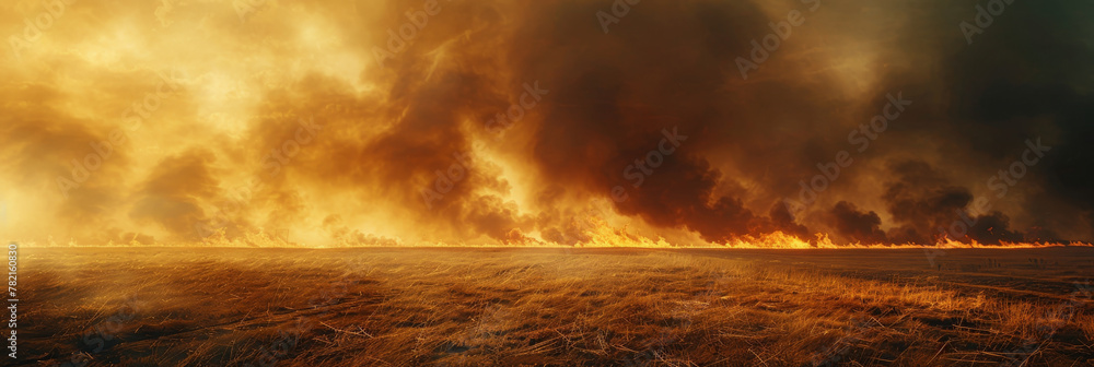 Vast Wildfire Engulfs Dry Field Under Dark Smoke - obrazy, fototapety, plakaty 
