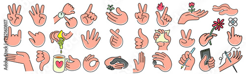 set of isolated colored linear icons hands gestures in doodle style in vector. icon template for app logo sticker poster print design