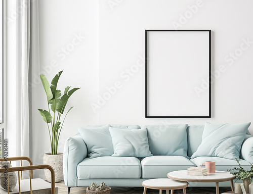 mock up poster frame in modern interior, room, Scandinavian style, 3D render, 3D illustration